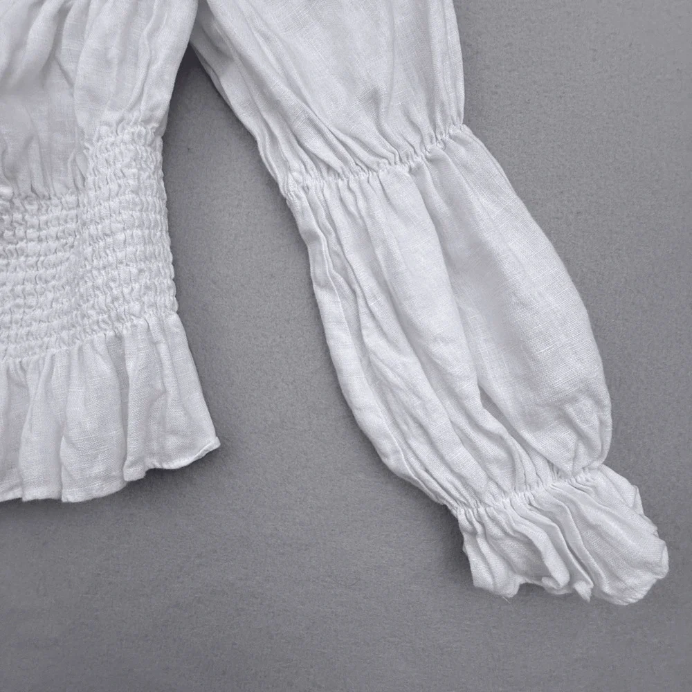 Reformation Oak Grove Linen Smocked Top Women Small White Peasant Puff Sleeve